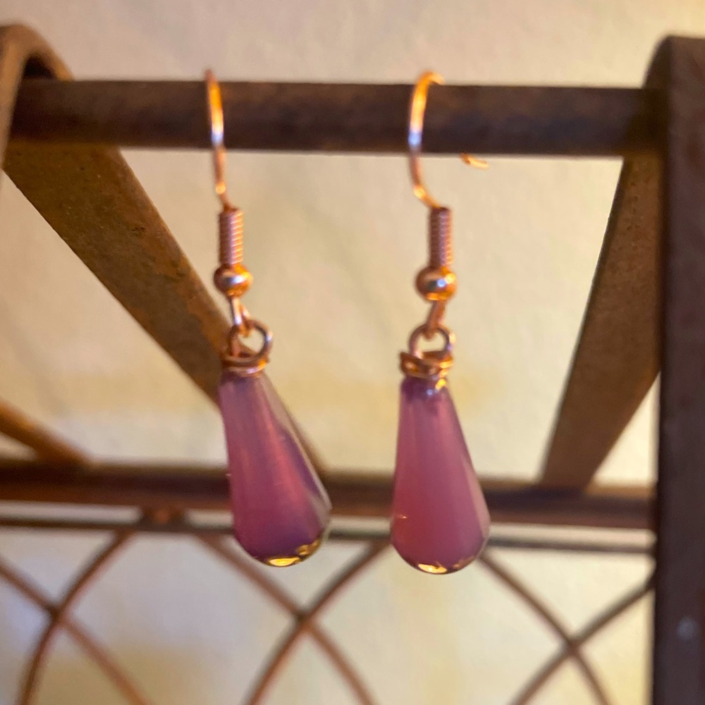 NWT opaque lavender + golden bronze Czech glass + copper teardrop earrings